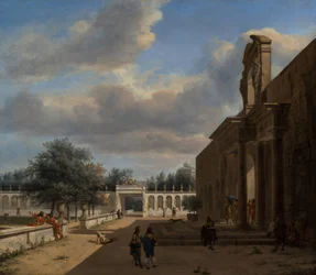 A Palatial Garden, with Figures Emerging from a Palace on the Right